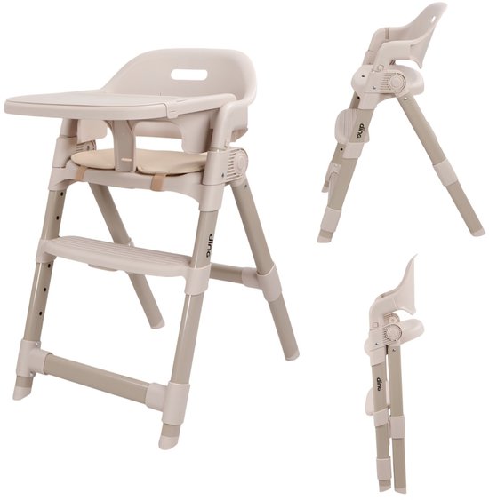 Beige inklapbare kinderstoel met verstelbare voetsteun en dienblad, merk Ding.