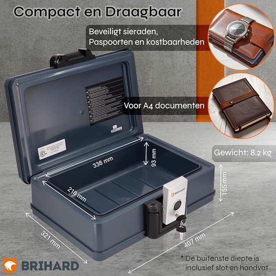 Grijze Brihard kist met afmetingen en informatie over documenten en gewicht.