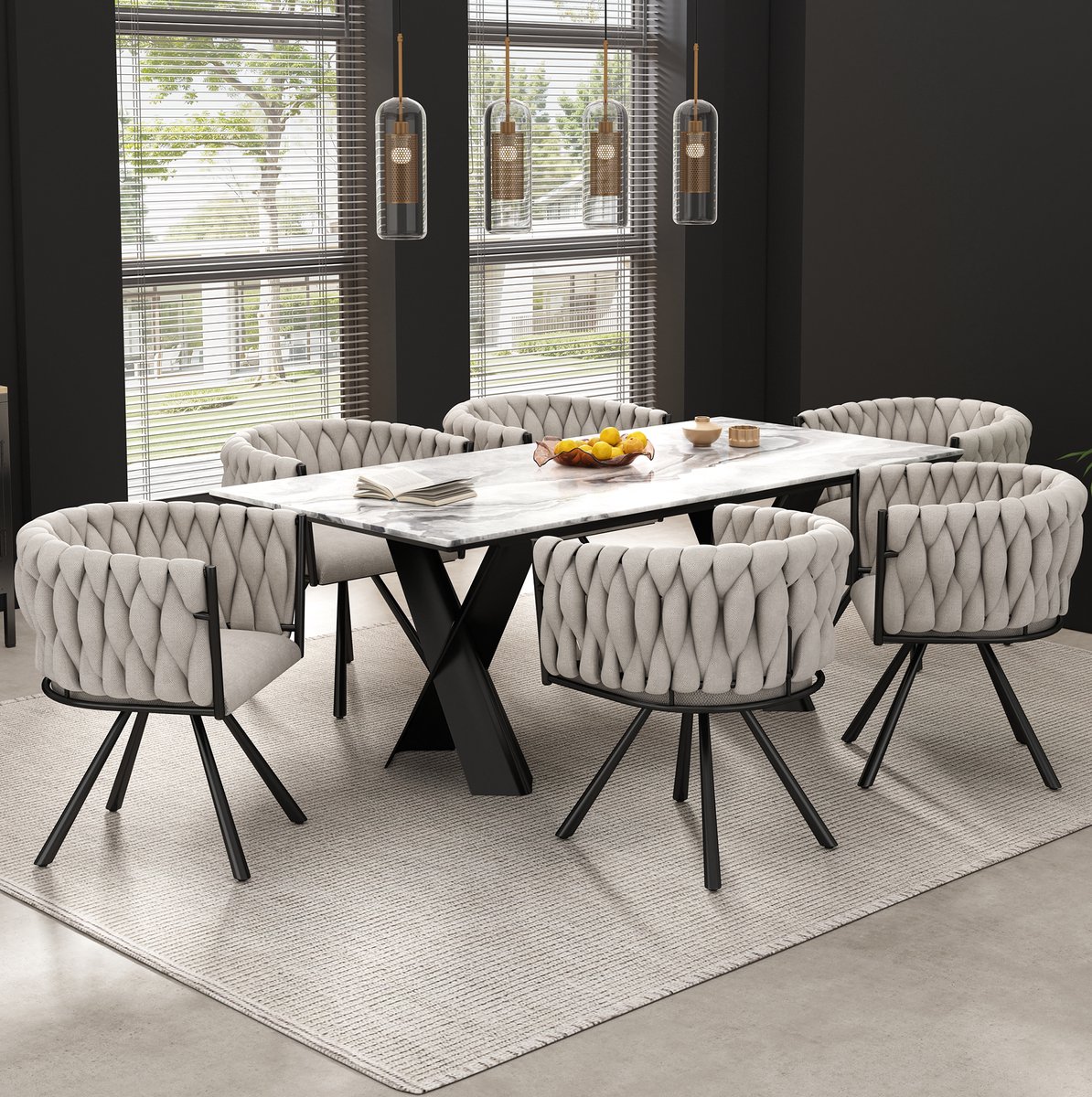 OKWISH Eetkamerstoel Set Van 6 - Draaibare Kuipstoel Met Armleuningen En Metalen Vierpoot - Comfortabel Voor Eetkamer En Woonkamer - Linnen - Beige En Zwart