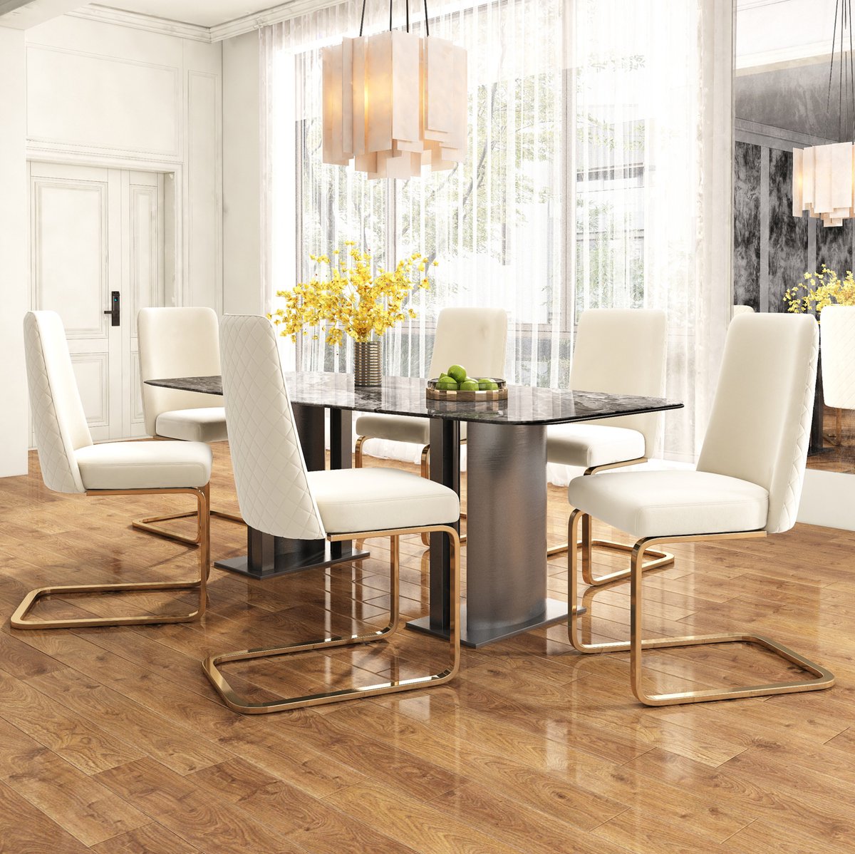 OKWISH Eetkamerstoel Set Van 6 - Velvet Met Diamantgestikt Rugdesign - Metalen Sledebasis - Voor Eetkamer Woonkamer - Beige