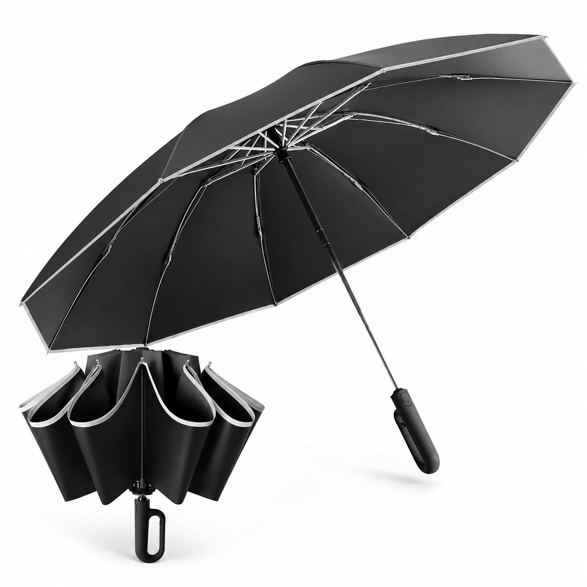 Stormbestendige Paraplu - Automatische Regenscherm met 10 Ribben en Omgekeerd Inklapmechanisme - Windbestendige Opvouwbare Paraplu met 360 Graden Reflectie en UV-Bescherming - Zwart