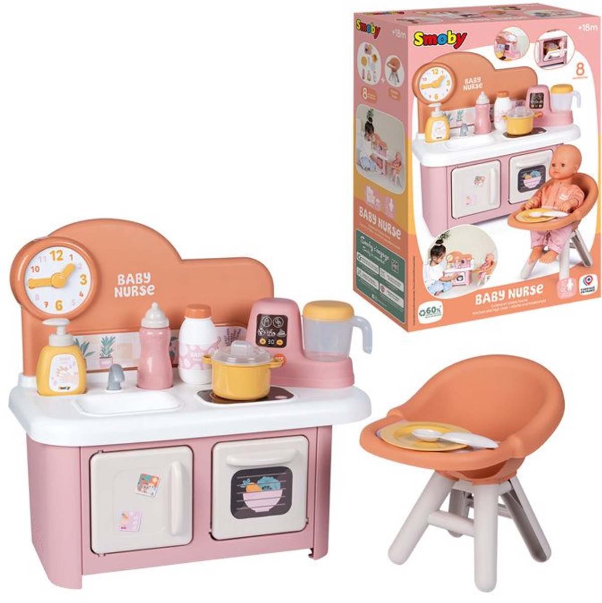 Smoby - Babyverzorgster - Keuken en kinderstoel - Vanaf 1 jaar - Gemaakt in Frankrijk