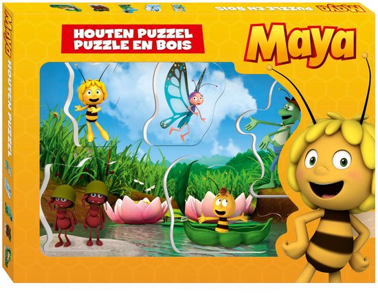 Boîte du puzzle en bois Maya l'abeille, avec de grosses pièces, format A4. La boîte montre Maya l'abeille, Flip, les fourmis et d'autres personnages.