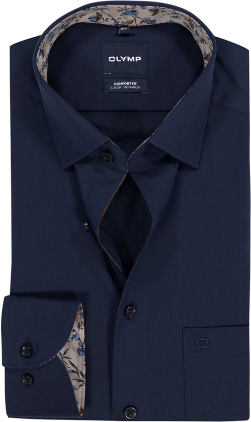 Donkerblauw Olymp overhemd met bloemenprint op de kraag en manchetten. Comfort fit, strijkvrij.