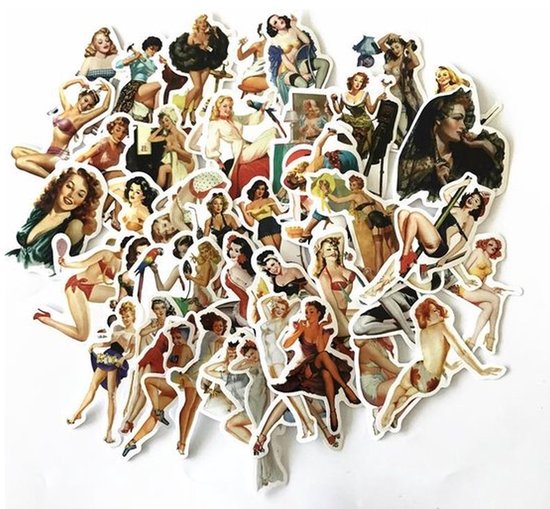 Une collection de 50 autocollants pin-up des années 50, représentant des femmes dans diverses tenues et poses rétro.