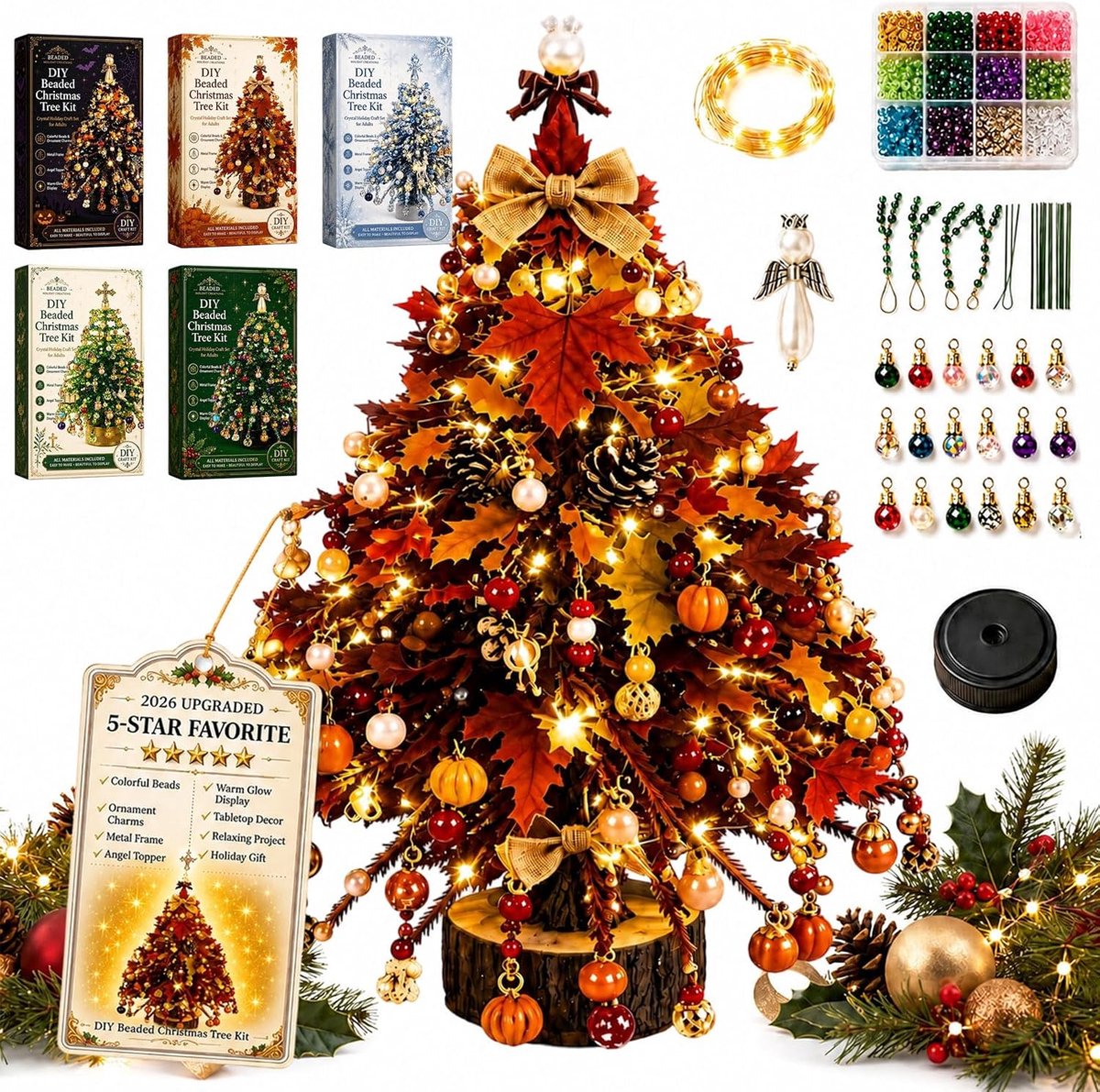 Kralen Kerstboom Knutselpakket met Ledverlichting - 3D Kristal Kralen DIY Kerstboomset - Kerstdecoratie voor Tafel - Kerst / Halloween Cadeau voor Kinderen en Volwassenen - SOLLBRY®