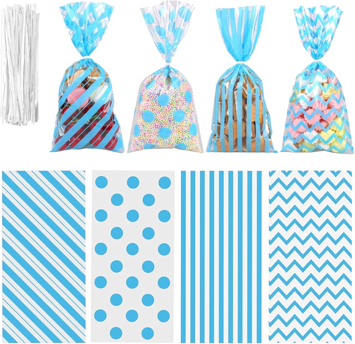 Blauwe, transparante plastic zakjes, 120 stuks per verpakking, 27,4 x 13 cm - cadeauzakjes, snoepzakjes, plastic snoepzakjes, geschenkzakjes, gedraaid touw, Valentijnsdag-/verjaardagscadeaus, koekjes- en snackverpakkingen.