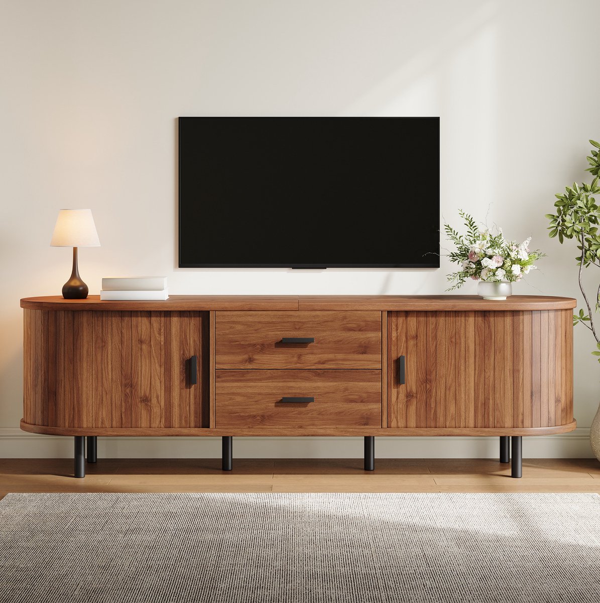 FloraGrace TV Meubel - Walnoot Met Schuifdeuren En 2 Lades - Voor Woonkamer - Hout En Metaal - 160x40x55 Cm - Walnoot
