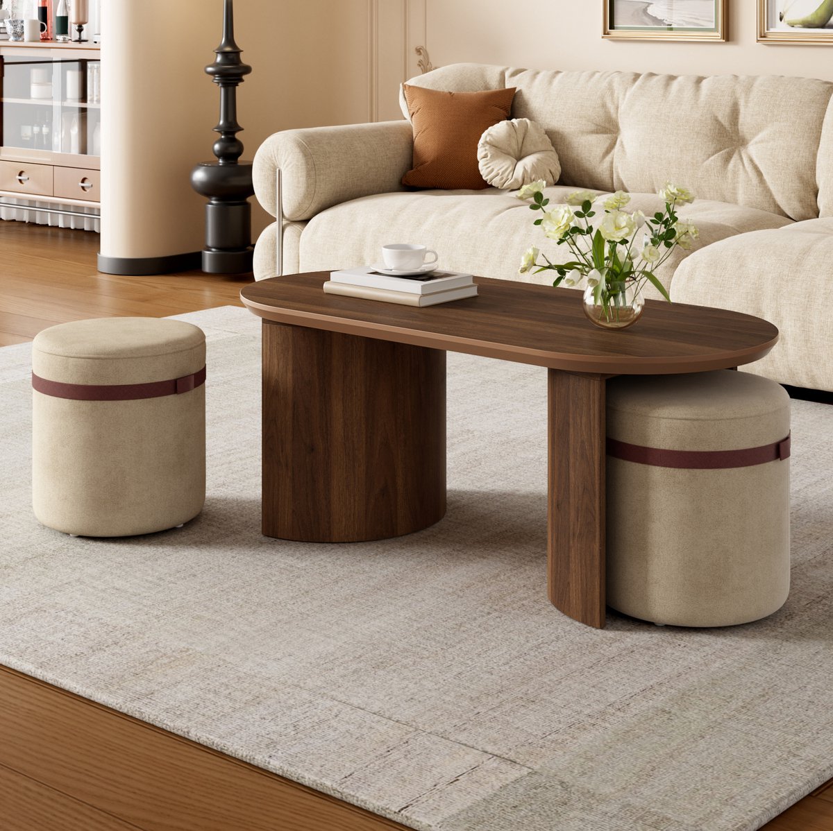FloraGrace Salontafel - Ovale Couchtafel Met 2 Hockers - Modern Voor Woonkamer En Lounge - MDF En Hout - 108x50x44 Cm - Walnoot