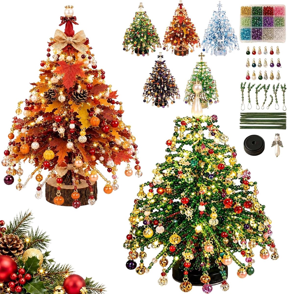 Kralen Kerstboom Knutselpakket met Ledverlichting - Set Van 2 - 3D Kristal Kralen DIY Kerstboomset - Kerstdecoratie voor Tafel - Kerstcadeau voor Kinderen en Volwassenen - SOLLBRY®