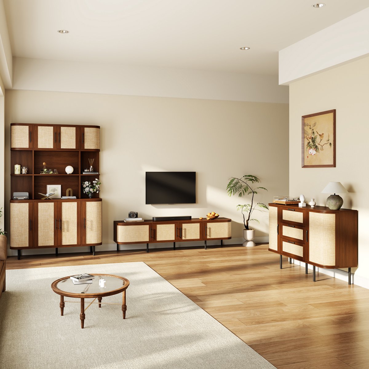 FloraGrace Dressoir Set - Tv Meubel, Sideboard En Hoge Kast Met Rietfront En Zwarte Grepen - Voor Woonkamer En Eetkamer - MDF - Walnoot - 120x40x82 Cm