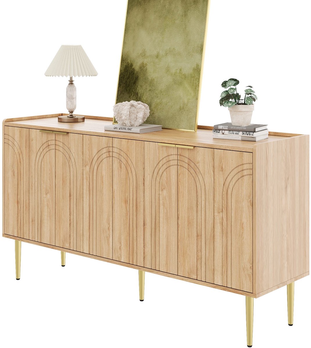 Merax Dressoir 140 cm - Houtkleur - 4 Deuren - Verstelbare Legplanken - Goudkleurige Metalen Poten