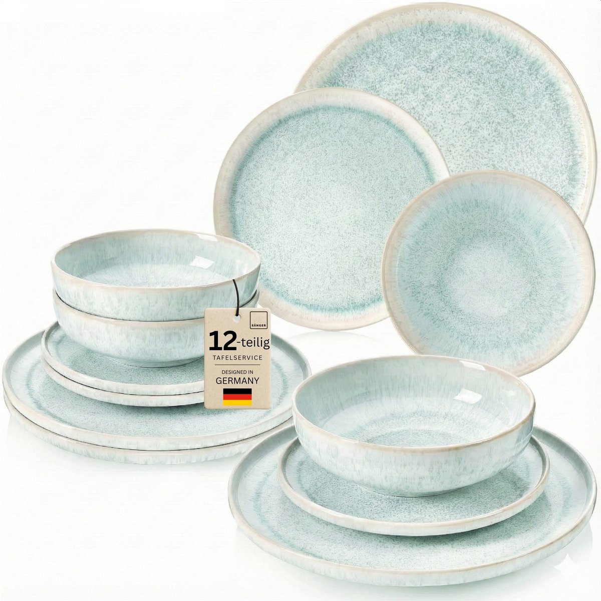 Sänger Aardewerk Serviesset 12-delig - Combinatieservies - Turquoise - Handgemaakt en Krasbestendig