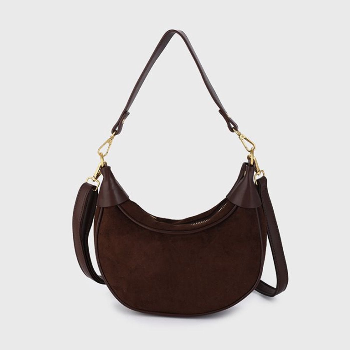 Bijoutheek Tas Schouder Halve Maan Suede Look Coffee