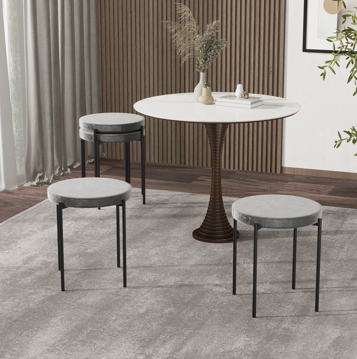 OKWISH Eetkamerstoel Set Van 4 - Gestoffeerde Zitting In Samtlook - Stapelbaar En Comfortabel Voor Keuken En Eetkamer - Metaal - Donkergrijs
