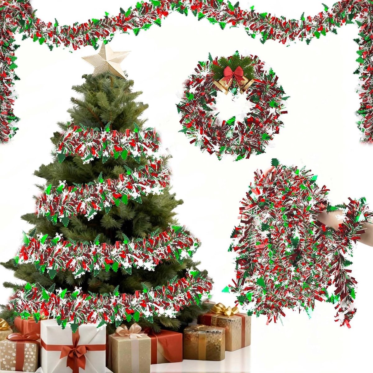 Kerstslinger - Rood Groen Sneeuwvlok - 10 m - Kunststof - Voor Binnen en Buiten