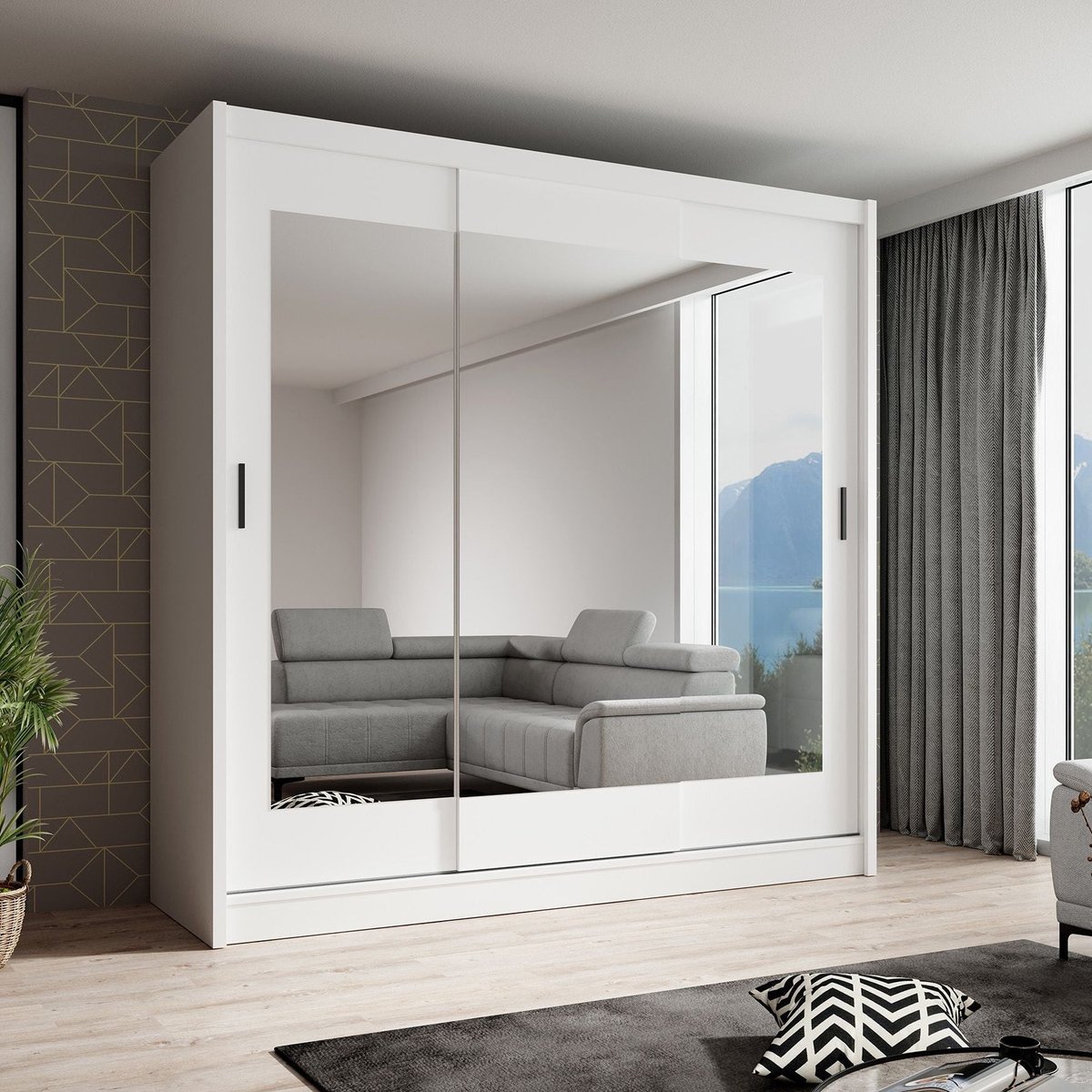 Meubella - Kledingkast Alcamo 2 - Wit - 205 cm - Met spiegel
