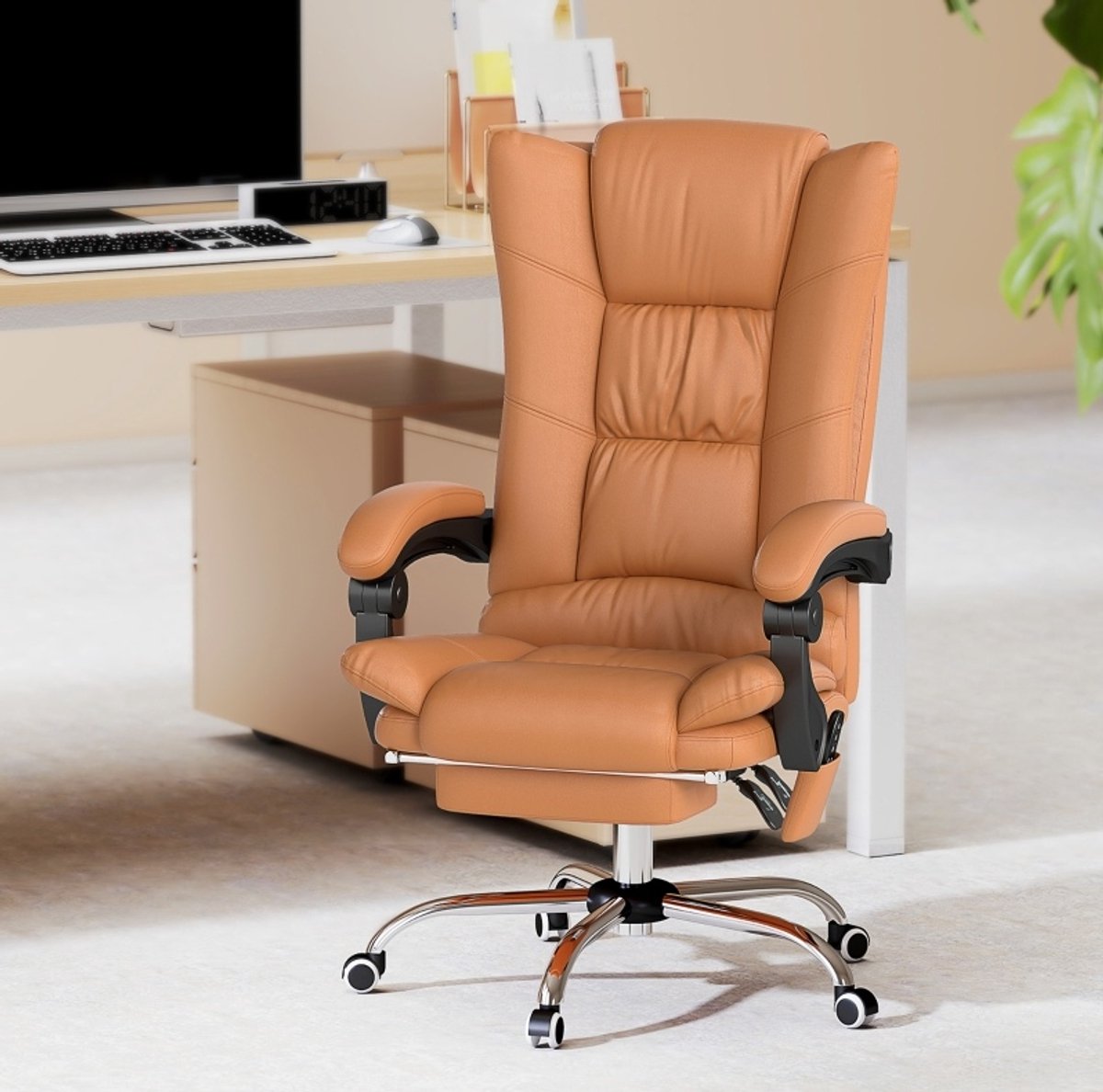 REDOM - Bureaustoel - Massagefunctie en verwarmingsfunctie - Draaibaar en hoogteverstelbaar - Kantelbaar met voetsteun - Hoog model - Kunstleer - Bruin - 64 x 70 x 110-118 cm