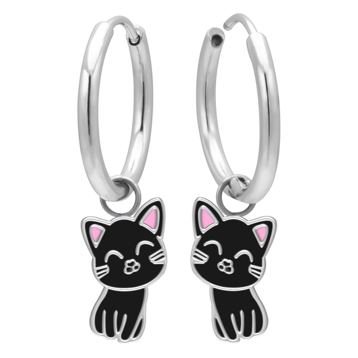 Kinderoorbellen - Meisjes - Katje - 316L Chirurgisch Staal - Oorhangers - Zwart