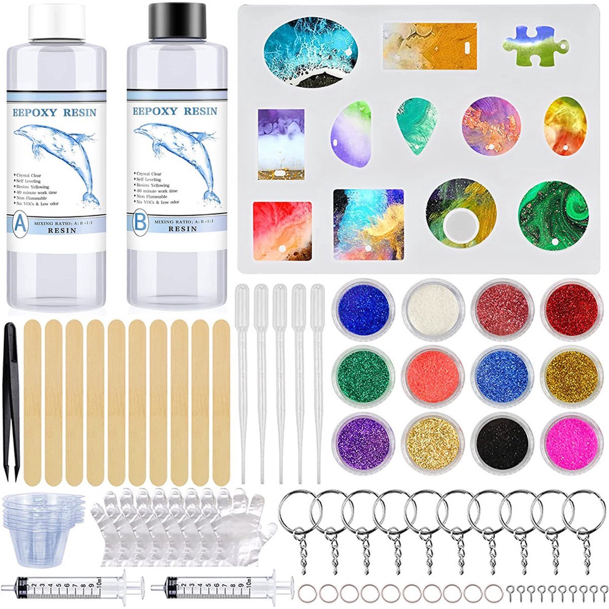 casalora - Premium Epoxy Hars Resin - 200 Gram - A+B 1:1 - 82-delige set - Epoxy - Giethars - Gieten - DIY - Sterk en Transparant - Geschikt voor beginners in het maken van sieraden van hars