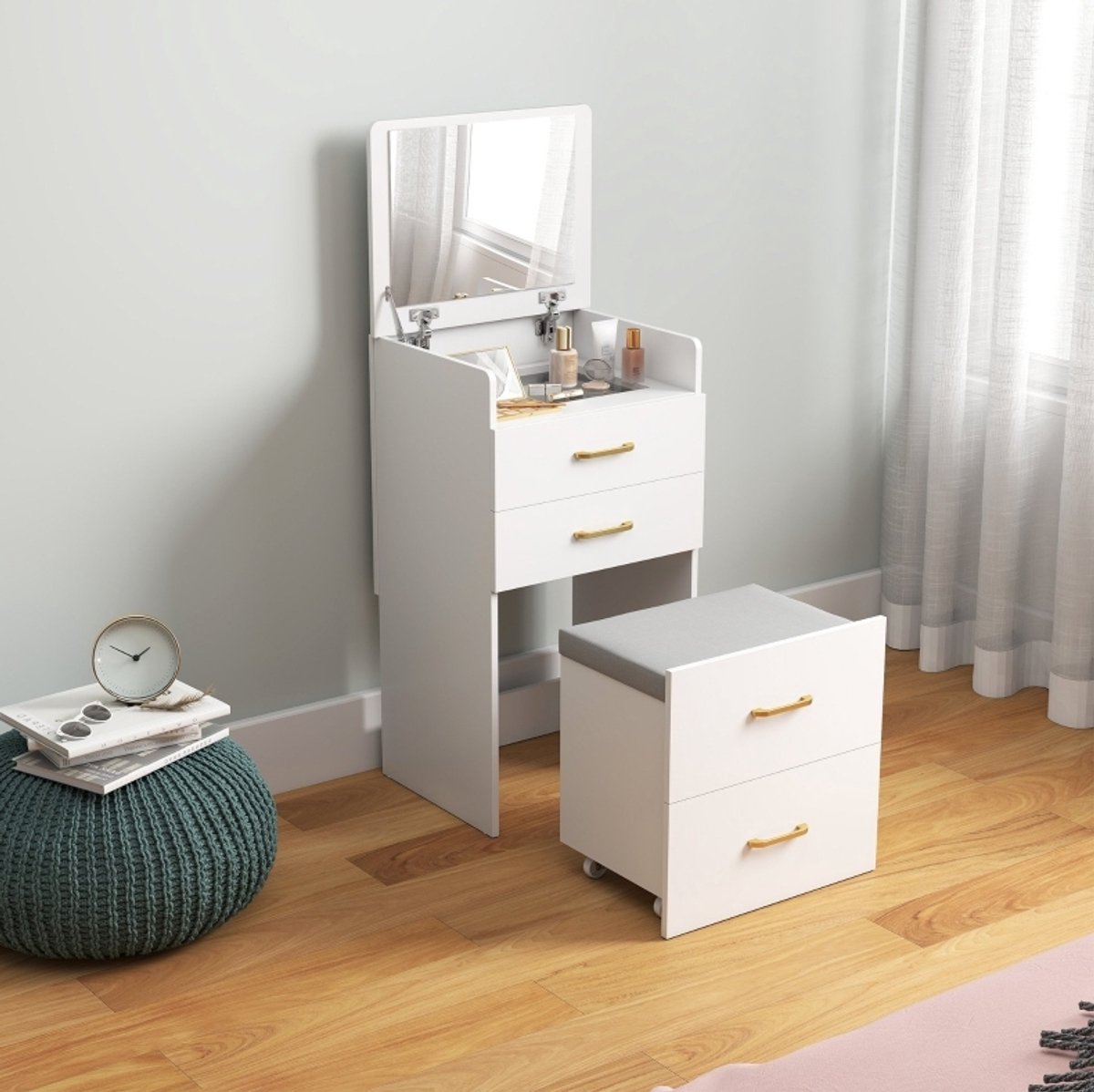 REDOM - Kaptafel - Opklapbare spiegel - Met 2 lades en opbergruimte - Met rollhocker - Modern - Slaapkamer - Hout en glas - Wit - 48 x 40 x 90 cm