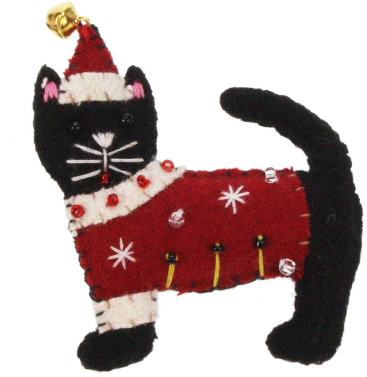 Broche Kat met kerstmuts zwart/ rood, vilt 7x1x7cm