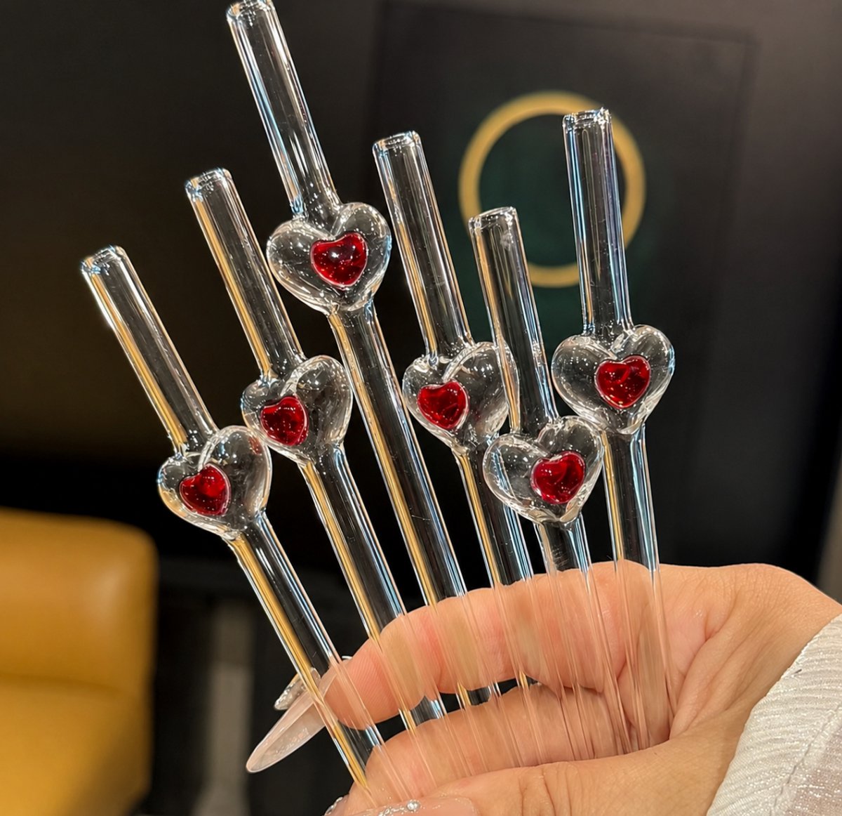 Stasia Glazen Rietje met Hol Rood Hart Set van 5 – Transparant Drinkrietje – Herbruikbaar Glasrietje – Luxe Design