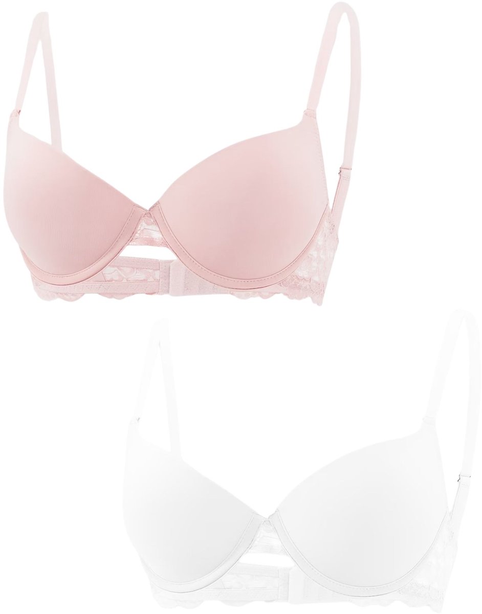 Currero BH Zonder Beugel - Strapless - Zonder Bandjes - Met Voorsluiting - Push-up Bh's - Comfort Beha - Comfortabel - Grote Sluiting - Wit + Roze - Cupmaat
