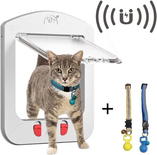 Een gestreepte kat met een blauwe halsband loopt door een wit kattenluik. Twee halsbanden zijn afgebeeld.