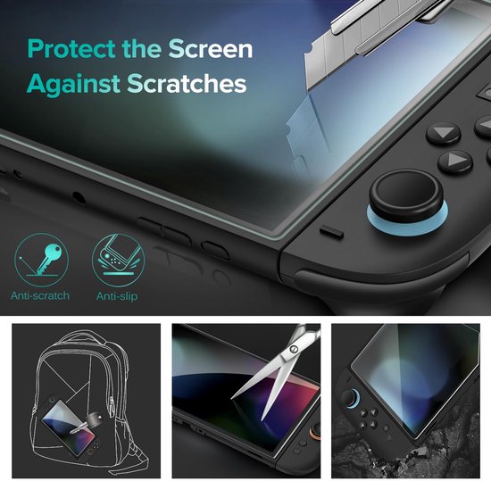 Nintendo Switch-scherm wordt beschermd tegen krassen door een screenprotector. Anti-kras en anti-slip.