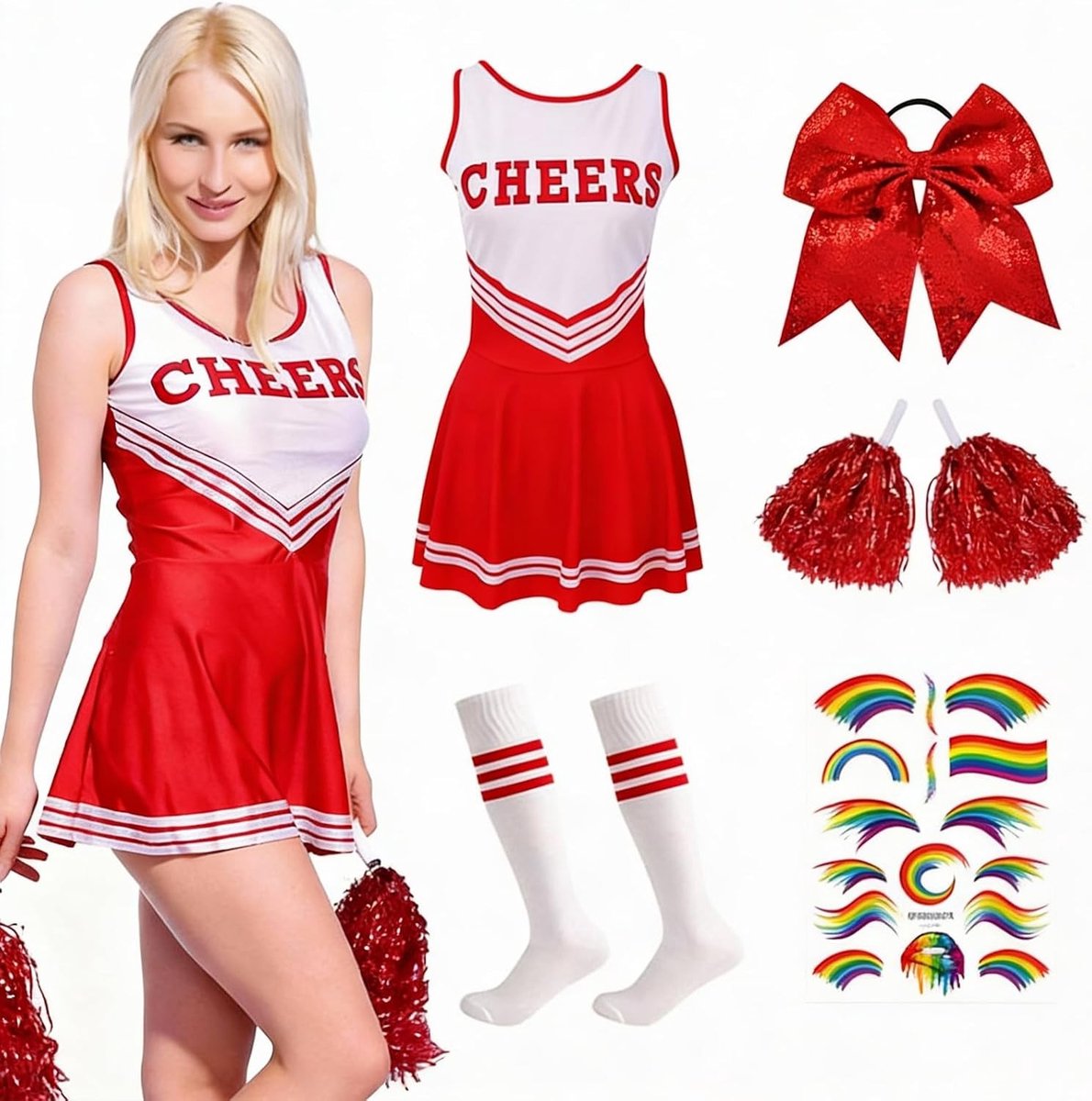 Vrouwelijk Cheerleader Kostuum met Pompoms, Sokken en Haaraccessoires voor Carnaval en Halloween, Perfect voor Rollenspel en Feestjes