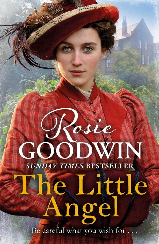 Boekomslag van 'The Little Angel' van Rosie Goodwin, met een vrouw in rood, met een hoed met veren. 'The Little Angel' geschreven in gele letters.