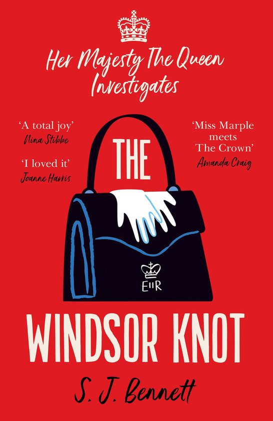 Boekomslag met de titel "The Windsor Knot". Een handtas met een kroon en de initialen 'ER' erop. Rode achtergrond.