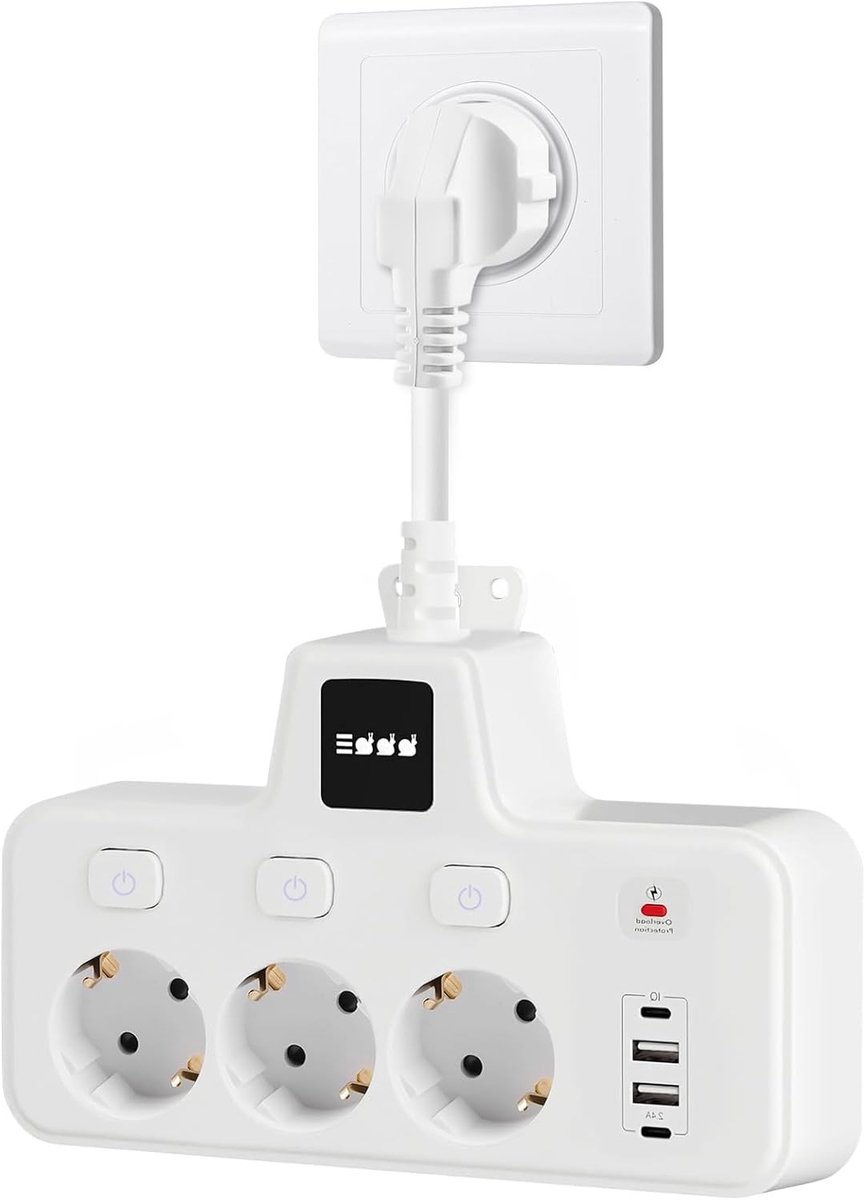 Stekkeradapter 3-voudig - Wit - Compact met 3 AC-stopcontacten en 4 USB-poorten - Voor Thuis, Kantoor of Reizen