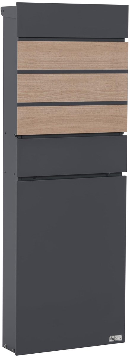 Famanu – Brievenbus met krantenvak, antraciet met houtlook, staande brievenbus met 2 sleutels en montagemateriaal