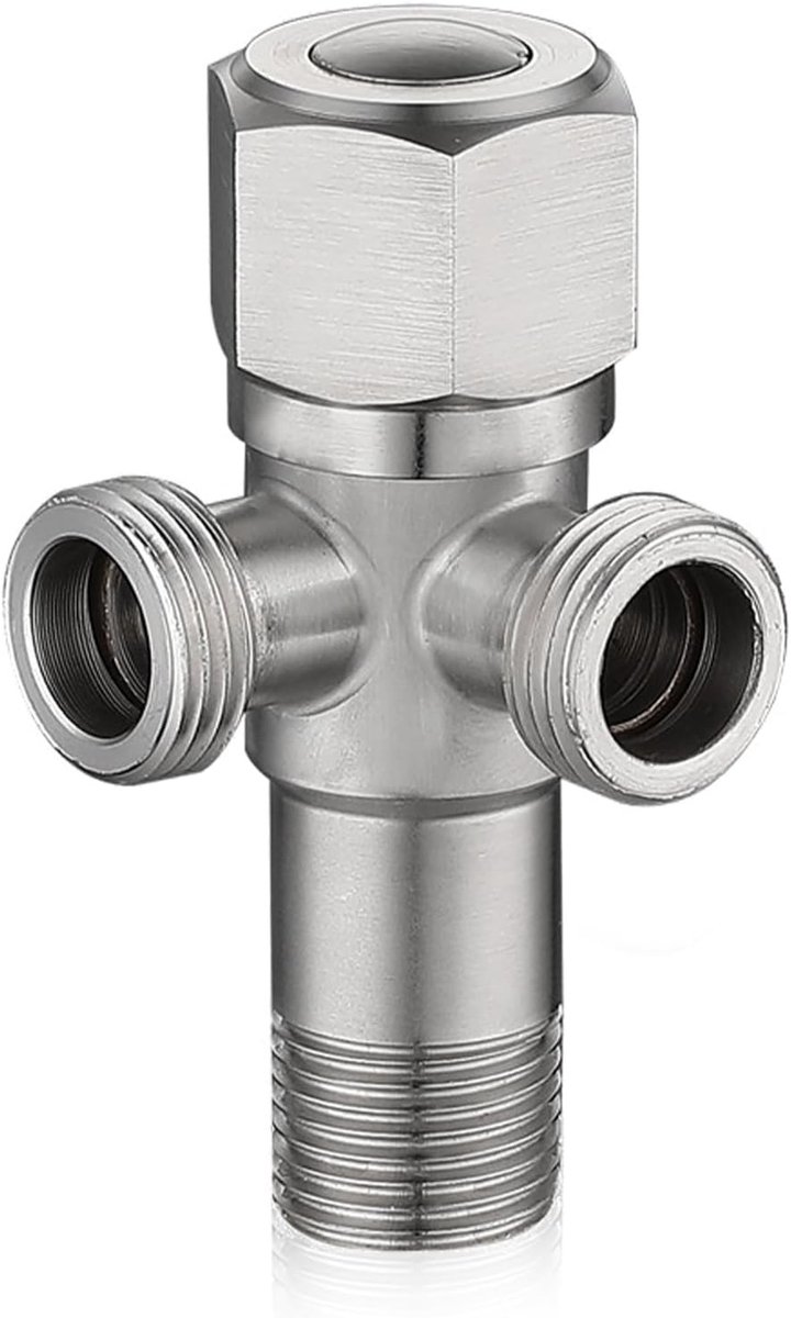 Hoekventiel 1/2 inch, universeel met 2 uitgangen, wateraansluiting, roestvrij staal, dubbele wandventiel voor 1/2 draad, ideaal voor sanitair en leidingen