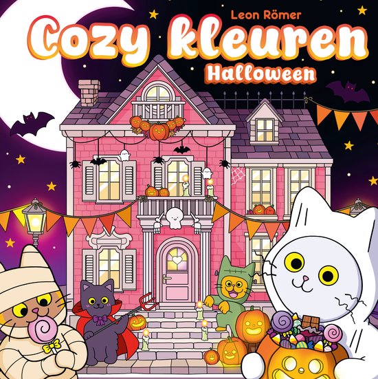 Halloween huis in pasteltinten met katten in kostuums en pompoenen.