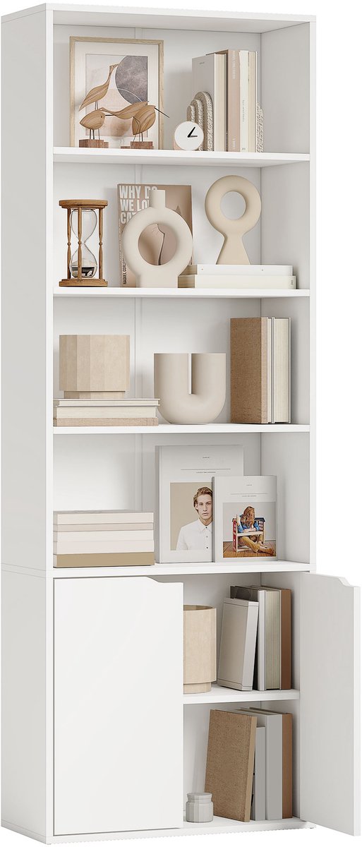 Boekenkast met 4 open vakken en 2 deuren, opbergrek voor de woonkamer, slaapkamer of kantoor, 59 x 29 x 180 cm, wit
