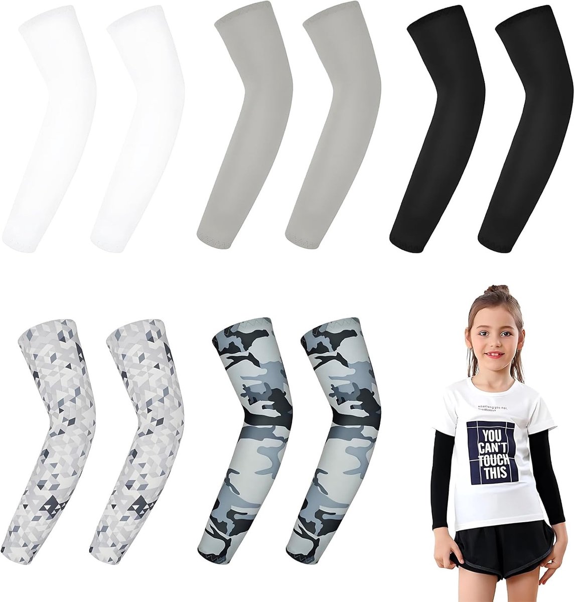 Arm sleeves voor kinderen - 5 paar compressie mouwen 36 cm, camouflage en effen kleuren, UV-bescherming voor buitensportactiviteiten, arm pads voor jongens en meisjes