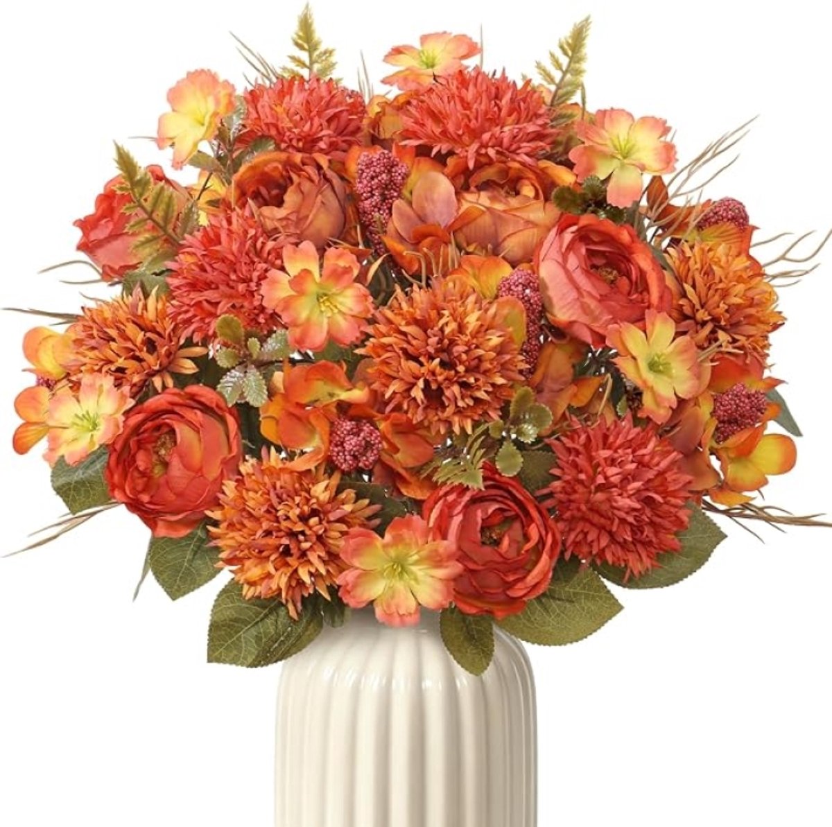 Set van 2 Kunstbloemen Pioen en Chrysant – Oranje Herfstdecoratie voor Binnen