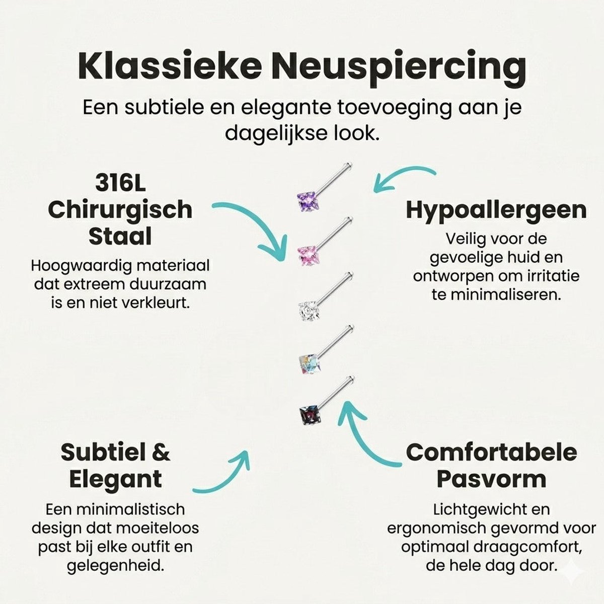 Stalen Neuspiercing Vierkante Zirkonia 2mm – Recht Staafje – AB Dark
