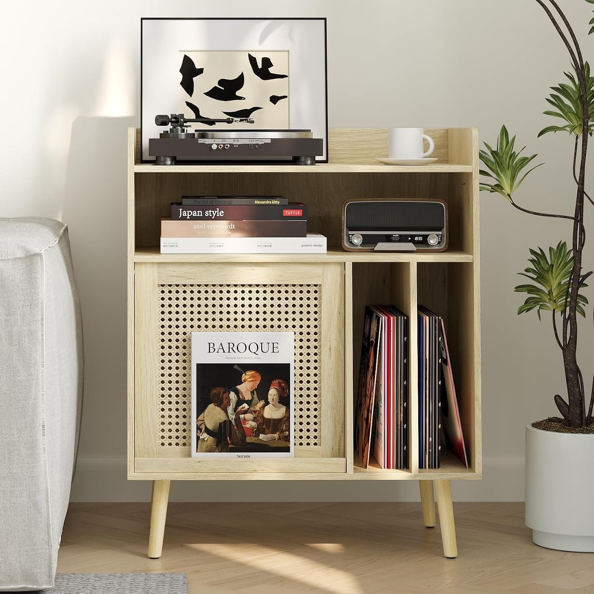 Platenspeler meubel - Beige - Groot - Met vinyl opbergfunctie - Voor muziekliefhebbers