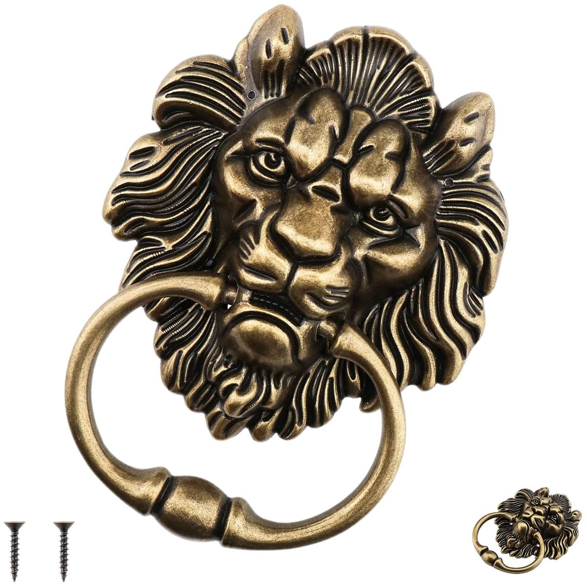 deurklopper leeuwenkop 15,6 cm - antiek brons - messing leeuw met schroeven - stijlvol accent voor huisdeuren - ShopVlot
