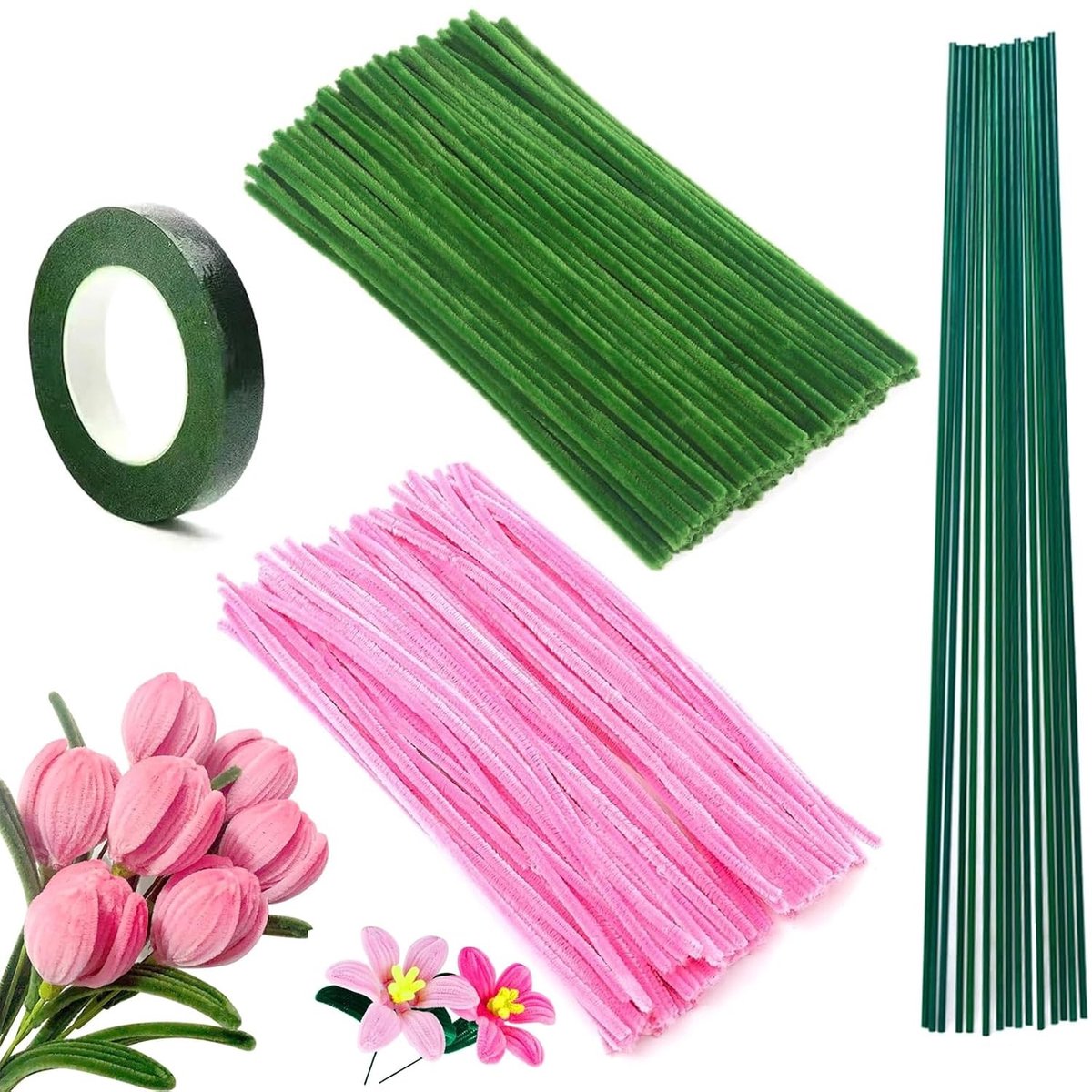 Bloemenboeket met Tulpen in 200 Stuks, 2 Kleuren (Roze, Groen), Chenille Draad voor Creatieve Projecten, Decoratie en Bruiloftscadeaus