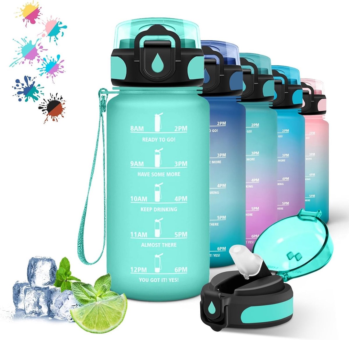 Drinkfles - Groen - 500 ml - Lekvrije Waterfles met Tijdschaal en Rietje - Voor School en Sport