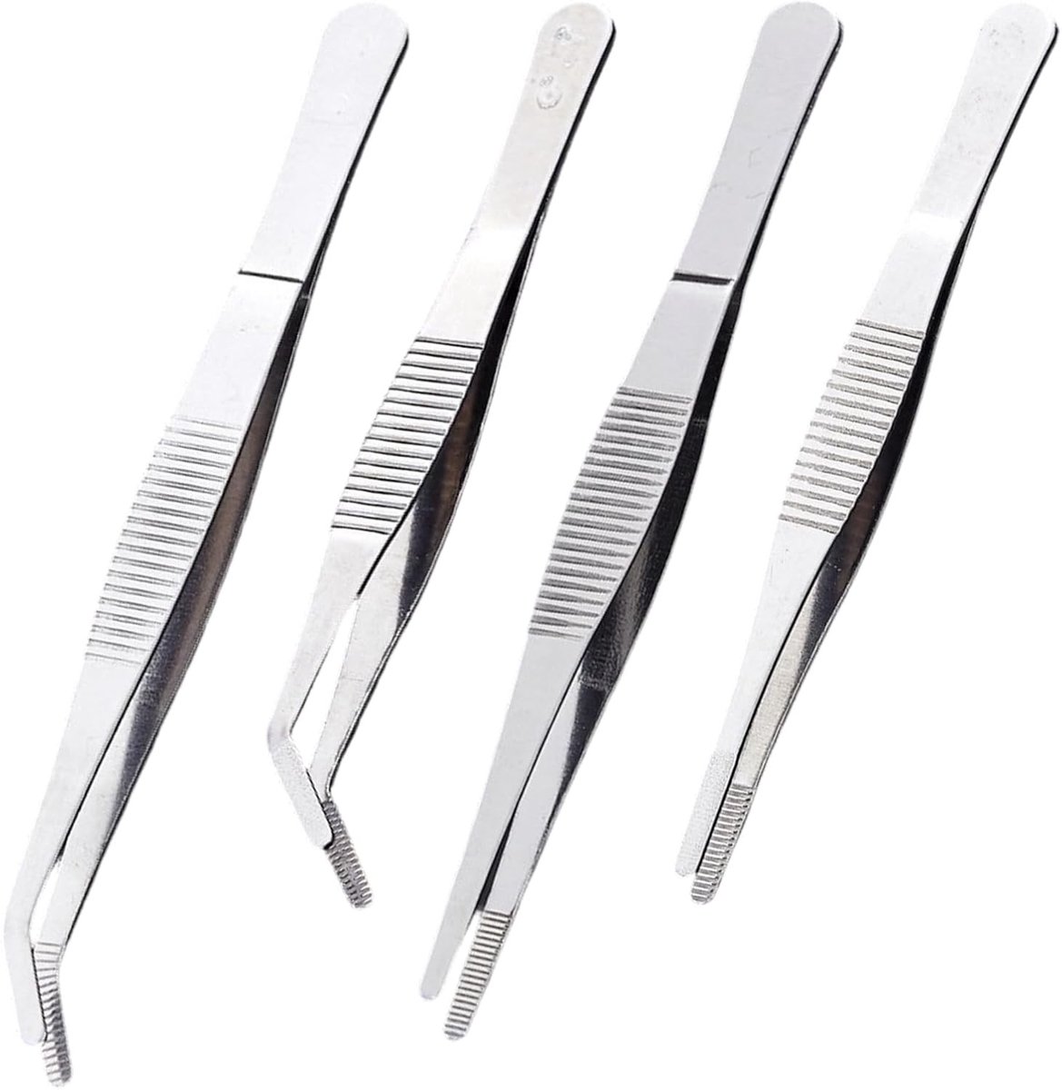 Set van 4 Pincetten - Zilver - 12,5 cm en 14 cm - Roestvrij Staal - Voor Elektronica en Fijn Handwerk
