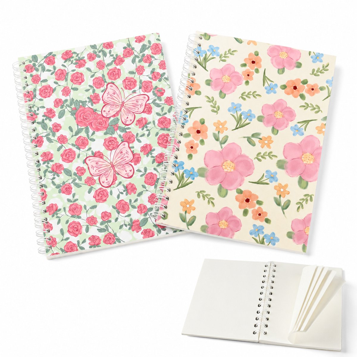 VHV - Notitieboek Set van 2 - Bloemen Design Schrijfboek- 21x14.5 cm - Bobine Dagboek - Perfect Cadeau - Voor Vrouwen , Meisjes voor Kantoor, Studie