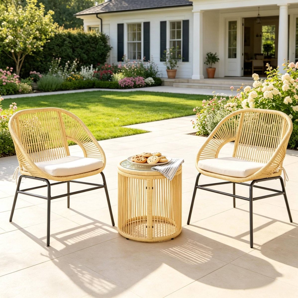 STILVORA Balkon Loungeset 2 Stoelen En 1 Tafel Beige Modern Met Kussens Glasblad En Metalen Frame Voor Balkon Tuin En Terras