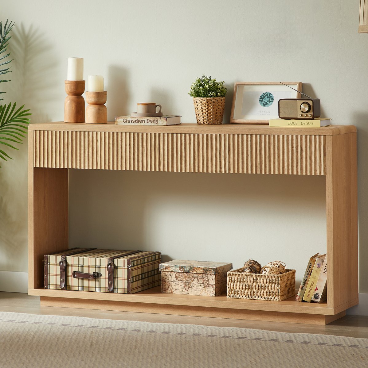 FloraGrace Sidetable - Modern Consoletafel Met 2 Lades En Open Opbergvak - Voor Hal En Woonkamer - Hout En MDF - 150x35x85 Cm - Naturel