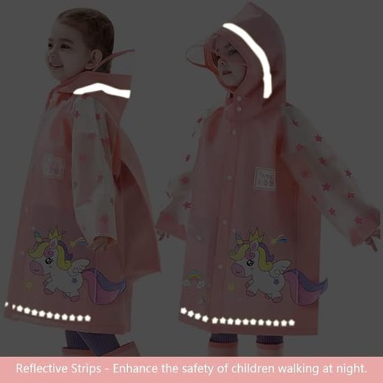 Roze regenjas met eenhoorn- en sterrenpatroon, reflecterende strepen op capuchon en zoom.